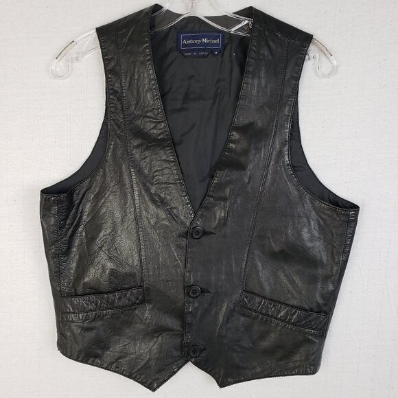 Vintage Anthony Michael Geanuine Leather Vest Black Button Front size M Unisex - Picture 1 of 14